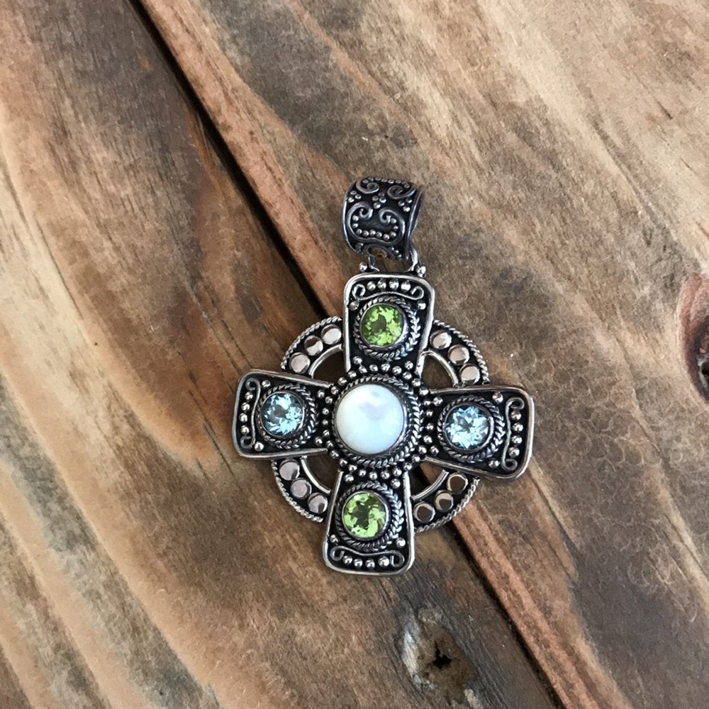 Silver Cross Pendant with Peridot and Aquamarine Accents